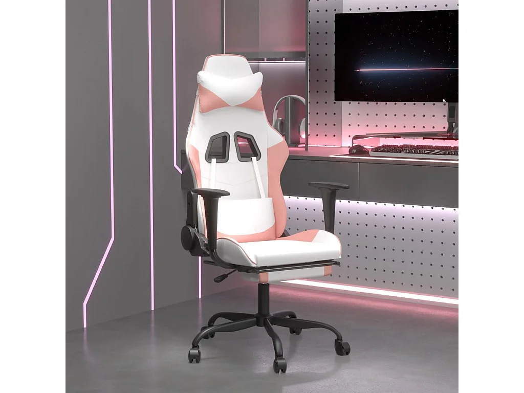 Cadeira gamer com apoio para pés Couro sintético branco e rosa