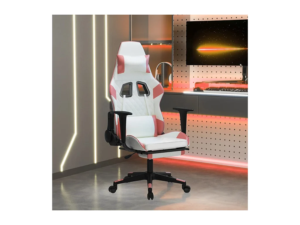 Massage-Gaming-Stuhl mit Fußstütze, Kunstleder in Weiß und Rosa