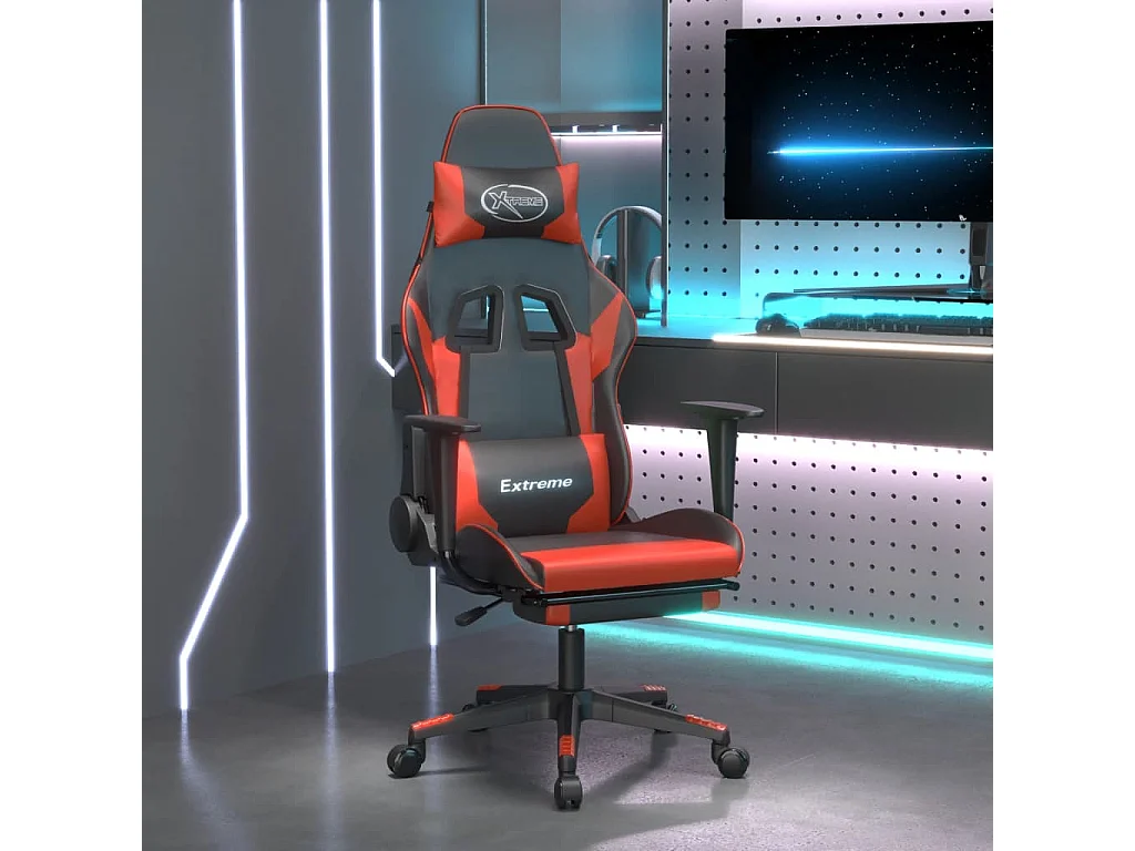 Massage-Gaming-Stuhl und Fußstütze, schwarz-rotes Kunstleder