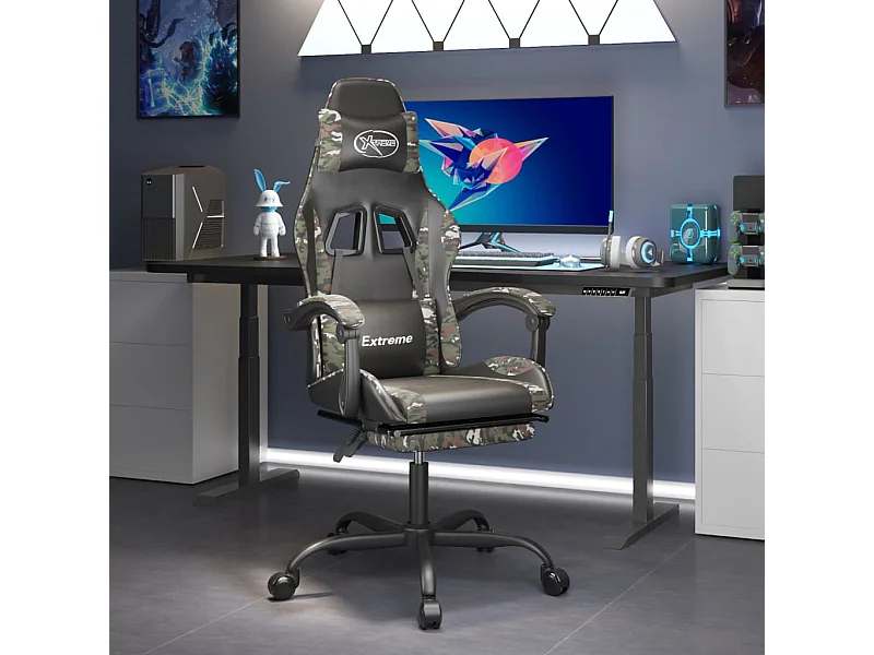 Drehbarer Gaming-Stuhl mit Fußstütze, Kunstleder in schwarzem Camouflage-Design