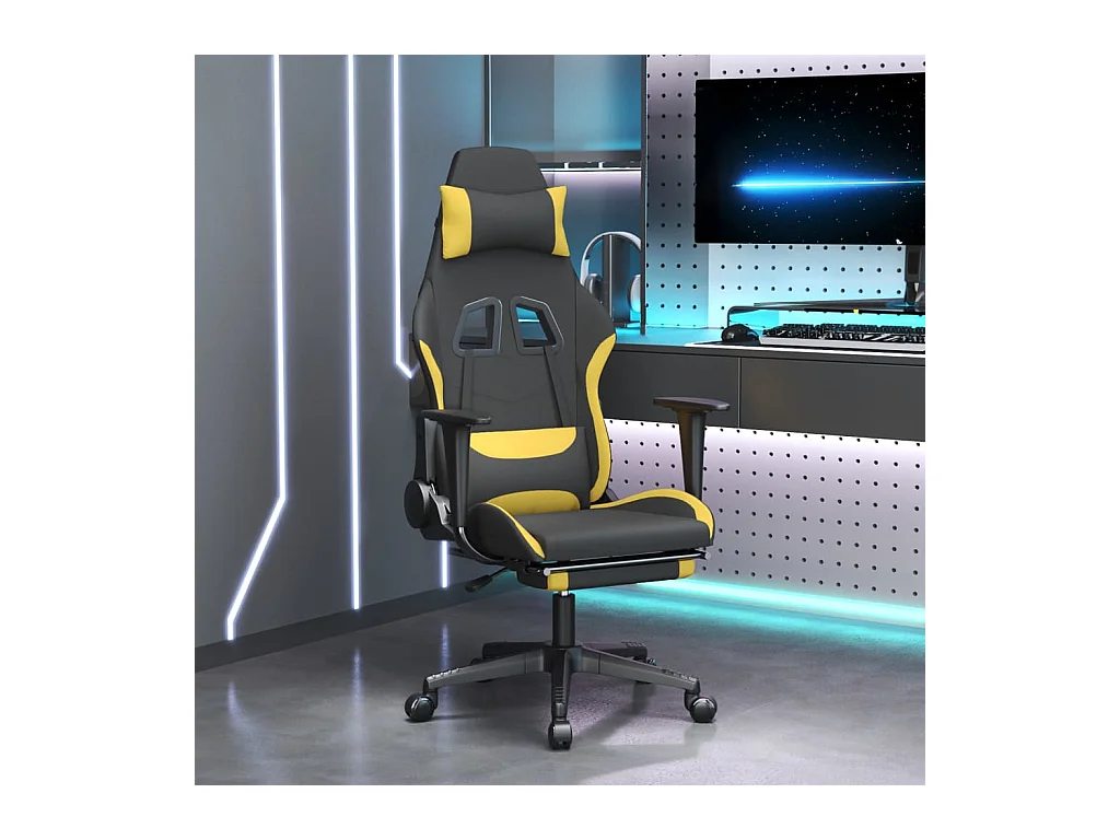 Sedia da gaming massaggiante con poggiapiedi in tessuto nero e giallo