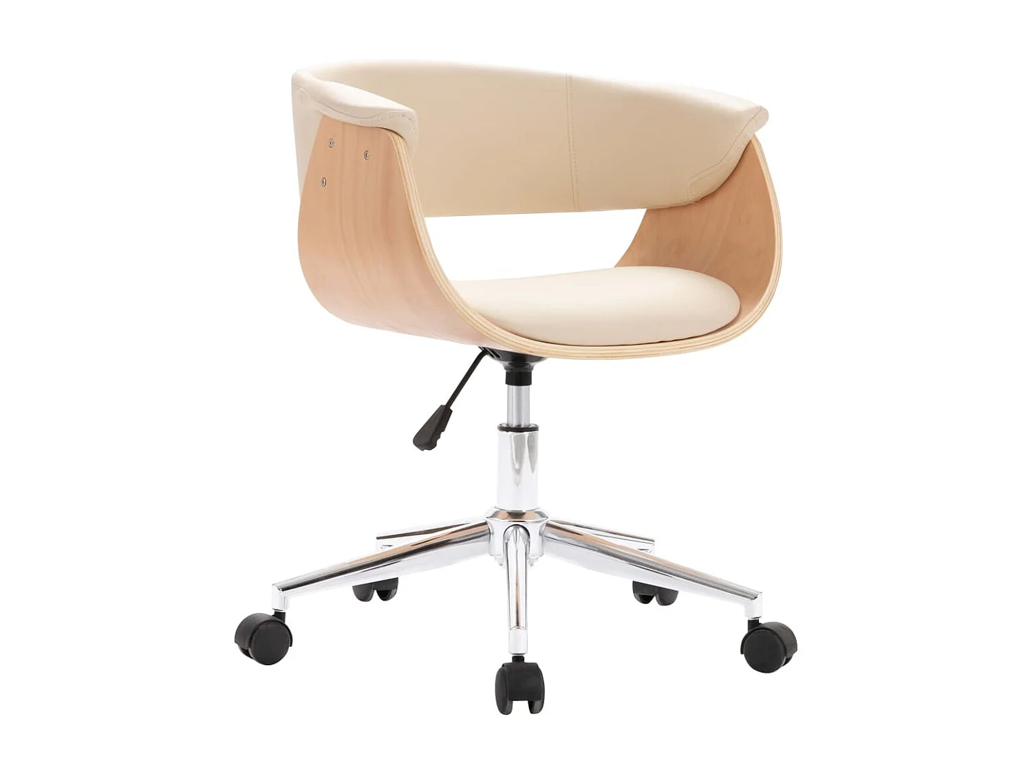 Silla de oficina giratoria color crema madera curvada y piel sintética