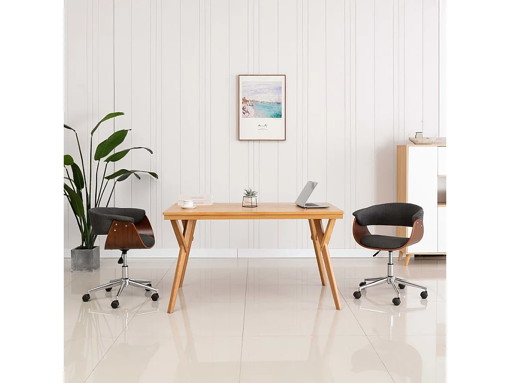 Drehbarer Bürostuhl in Grau. Gebogenes Holz und Stoff