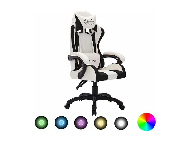 Fauteuil de jeux vidéo avec LED RVB Blanc et noir Similicuir