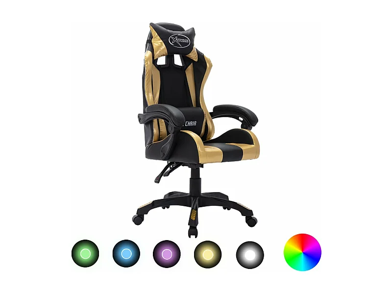 Cadeira de videogame com LED RGB dourado e couro sintético preto