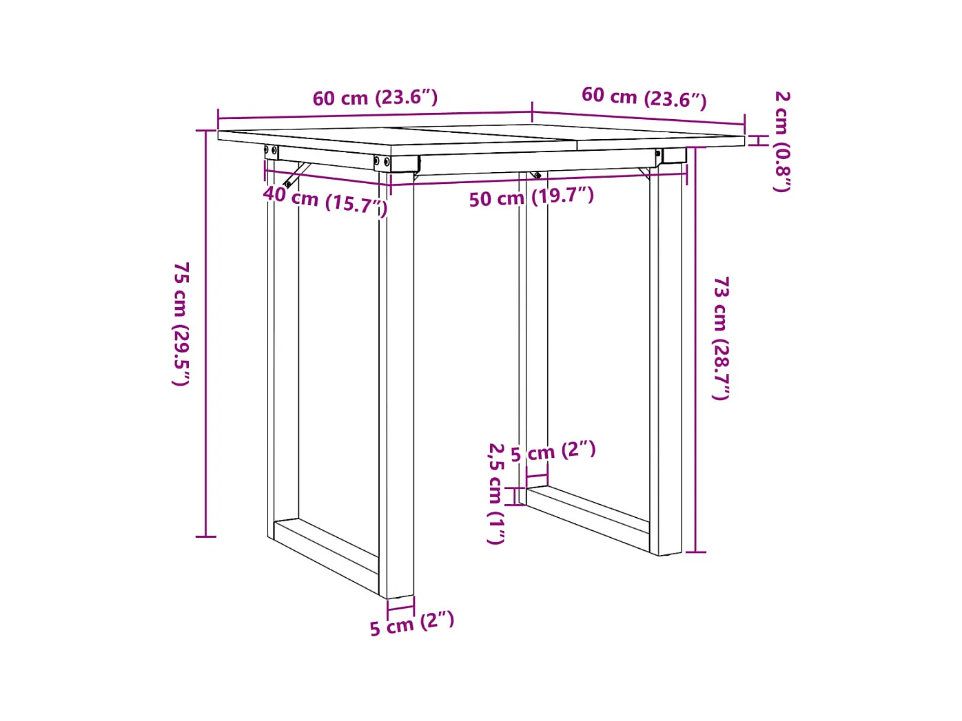 Table à manger cadre en O 60x60x75 cm bois de pin massif acier
