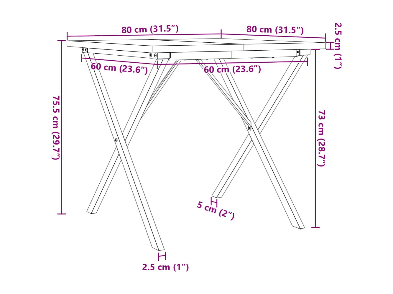 Mesa de jantar estrutura em X 80x80x75,5 cm pinho/ferro fundido