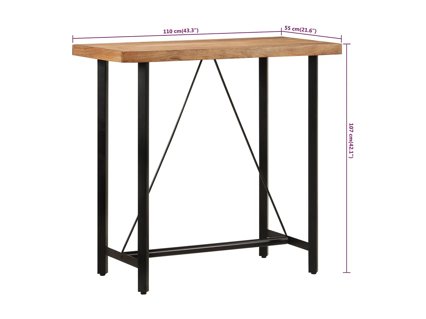 Table de bar 110x55x107 cm bois massif d'acacia et fer