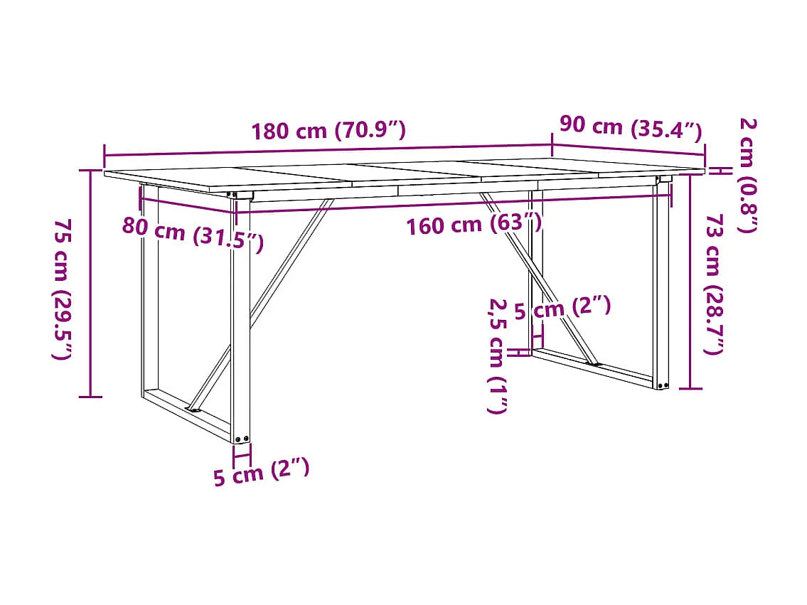 Table à manger cadre en O 180x90x75 cm bois de pin massif acier