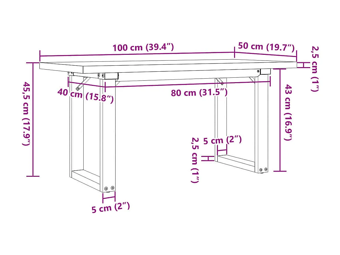 Table basse cadre en O 100x50x45,5 cm bois de pin massif acier