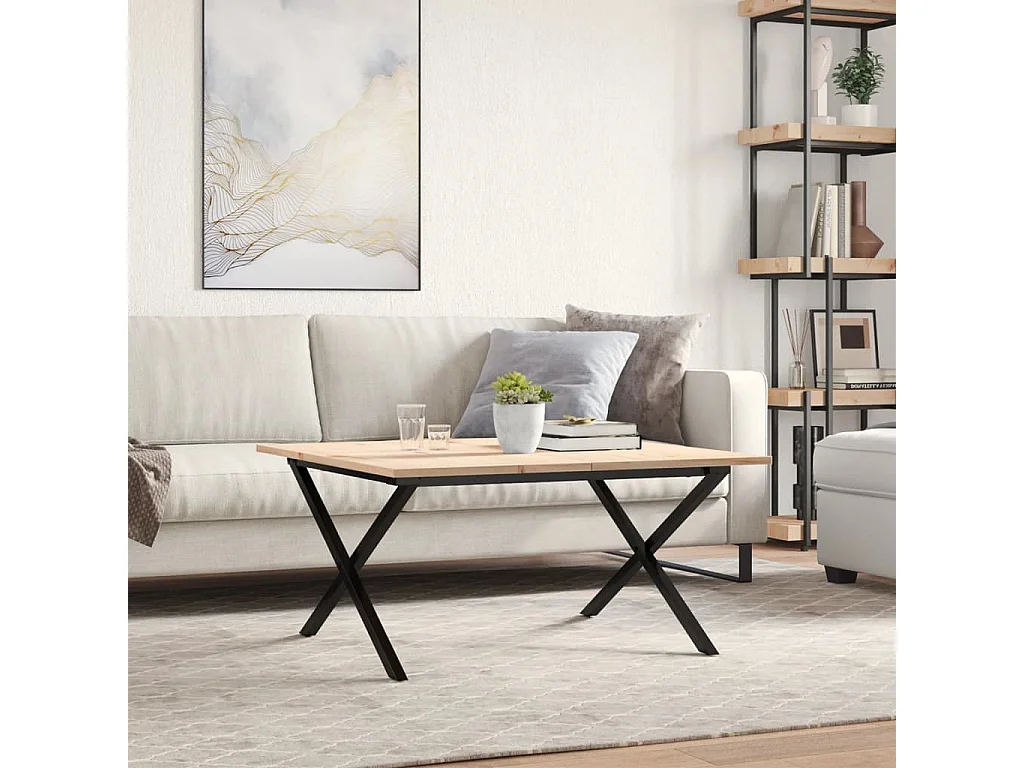 Table basse cadre en X 80x80x45 cm bois de pin massif et acier