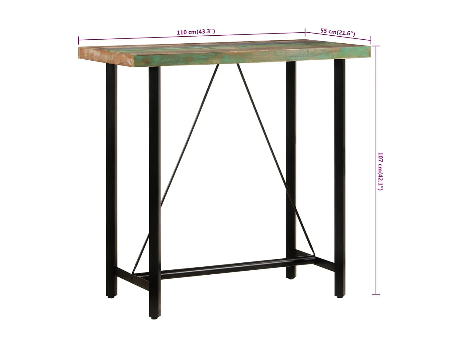 Table de bar 110x55x107 cm bois massif de récupération et fer