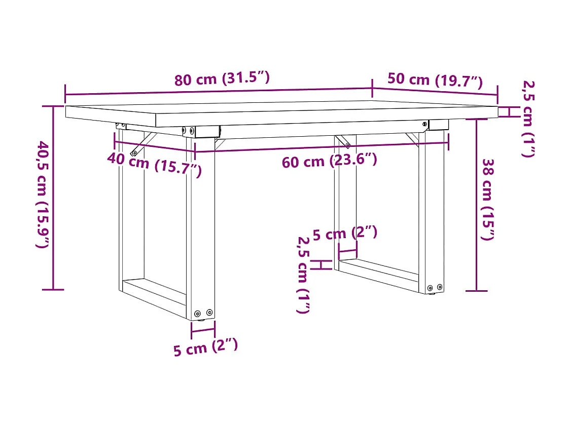 Table basse cadre en O 80x50x40,5cm bois de pin massif et acier