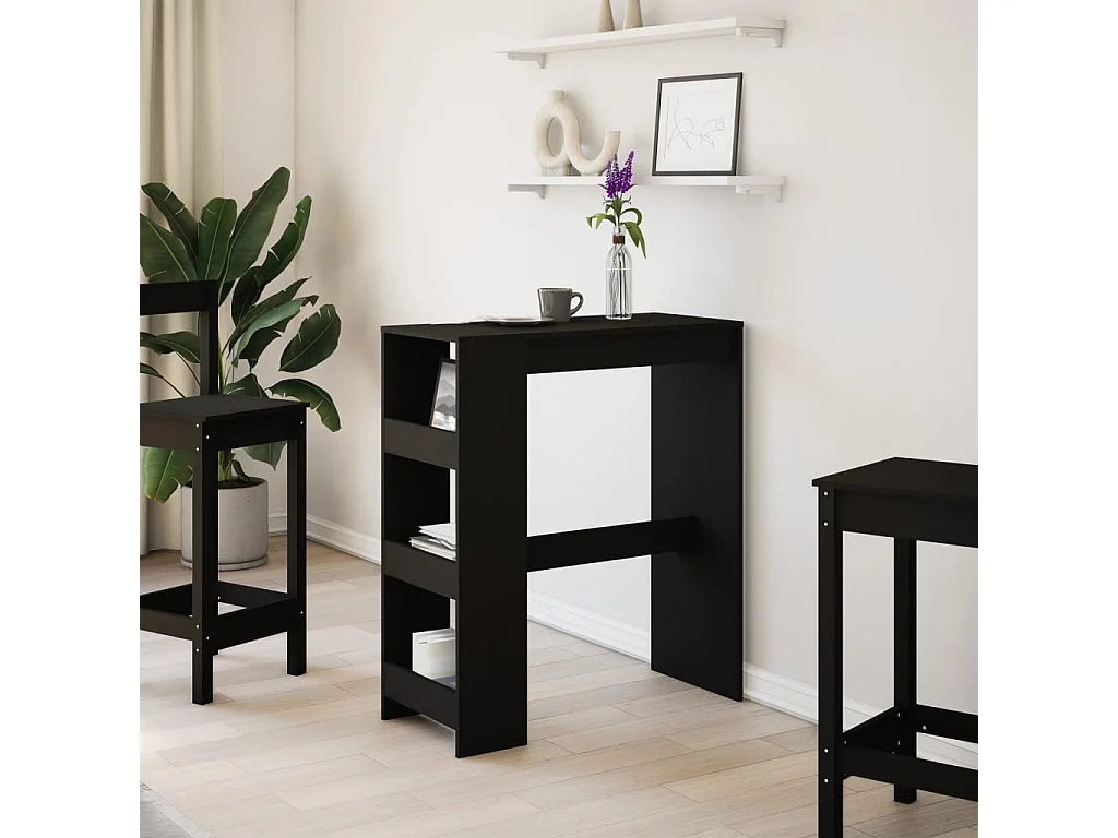 Table de bar avec étagères noir bois d'ingénierie