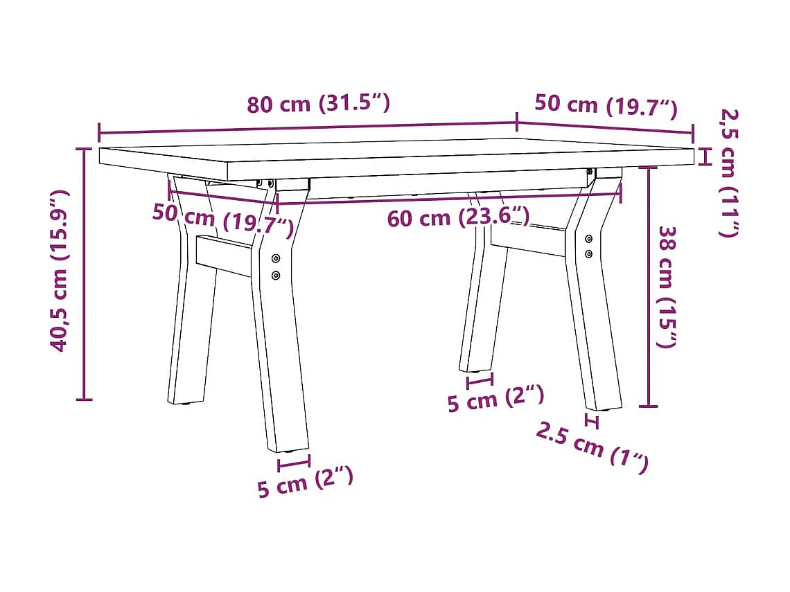 Table basse cadre en Y 80x50x40,5cm bois de pin massif et acier
