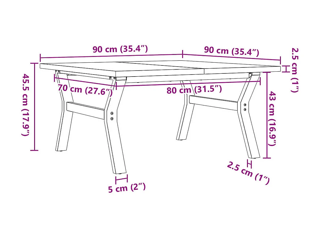Tavolino Salotto Telaio a Y 90x90x45,5 cm Legno Pino e Acciaio
