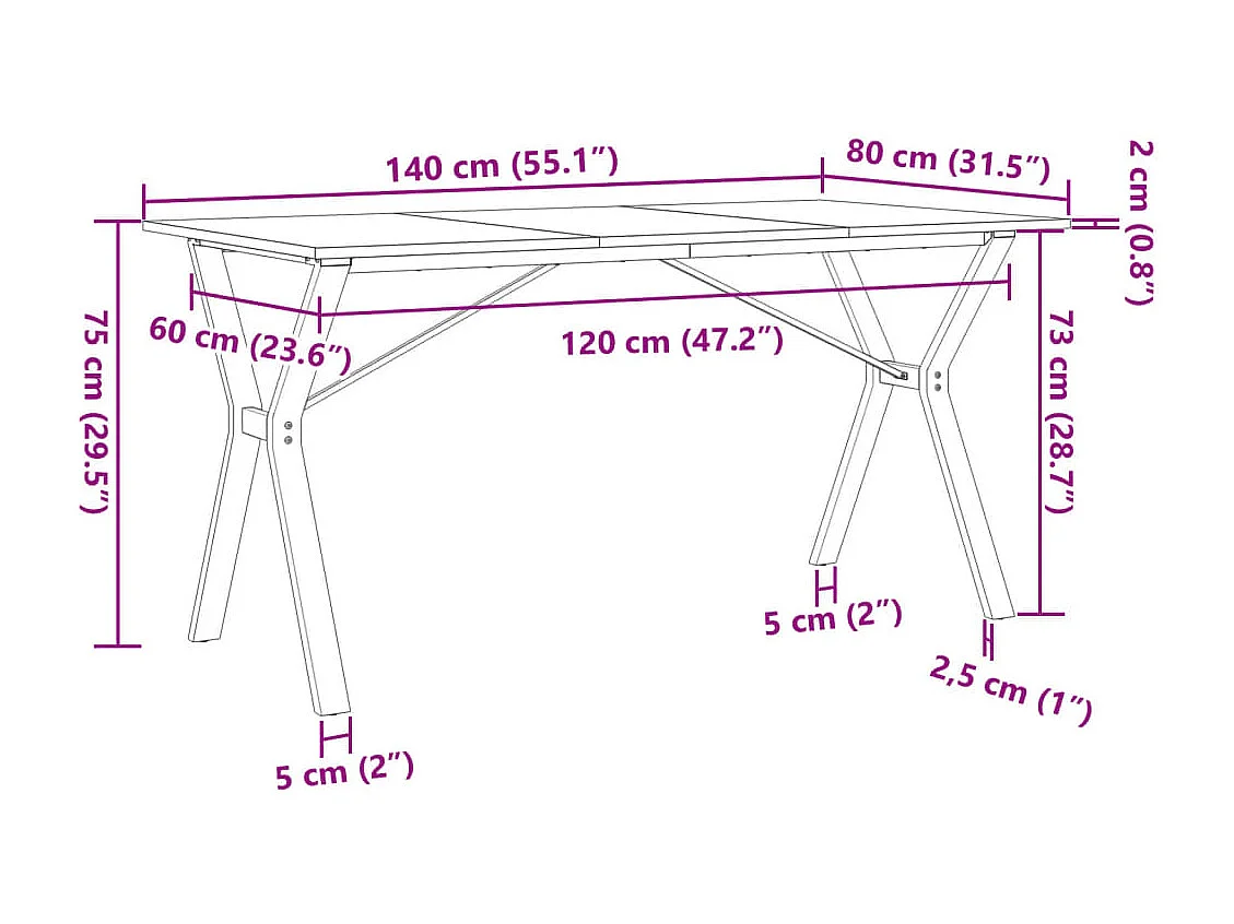 Mesa de jantar estrutura em Y 140x80x75cm pinho e ferro fundido