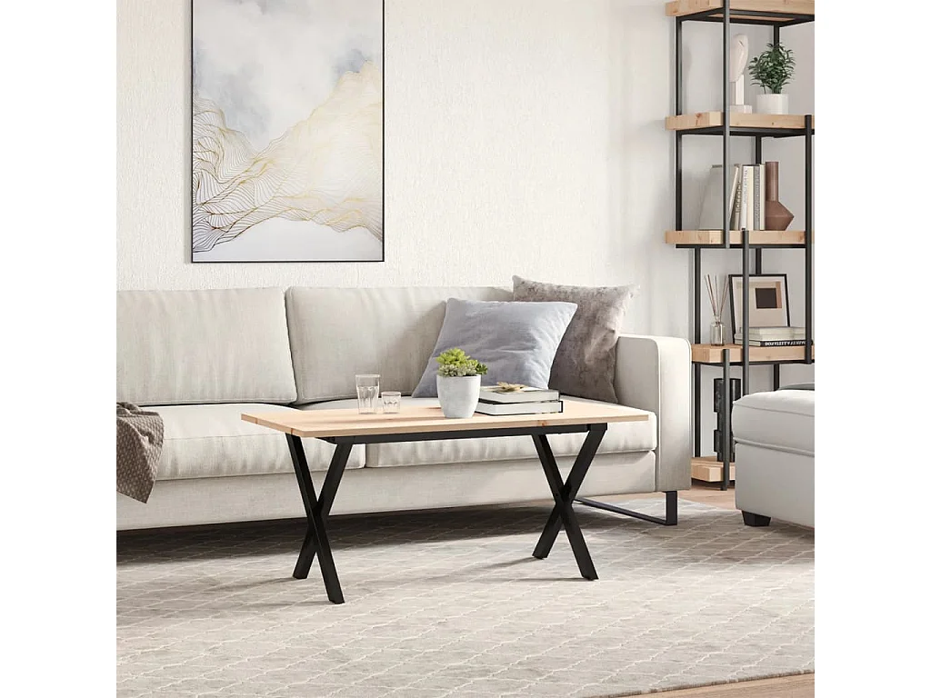 Table basse cadre en X 90x40x45 cm bois de pin massif et acier