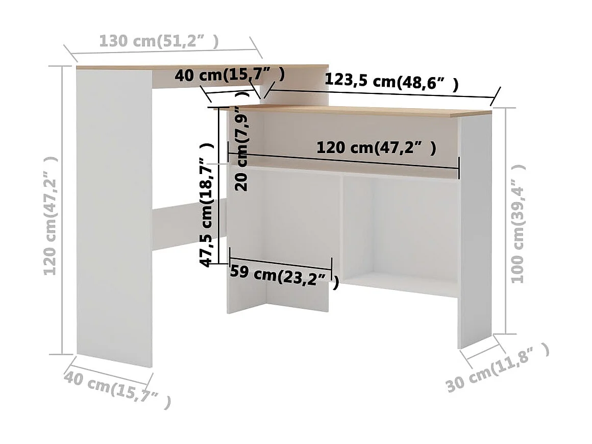 Mesa de bar com 2 tampos 130x40x120 cm branco e carvalho