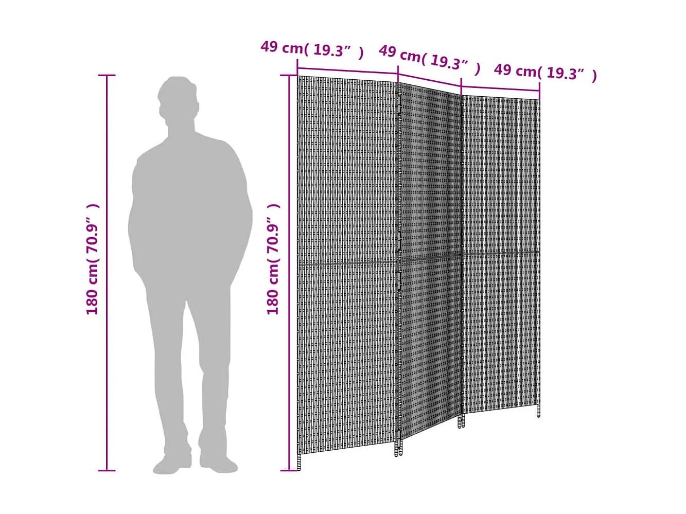 Parete divisoria in resina intrecciata marrone a 3 pannelli