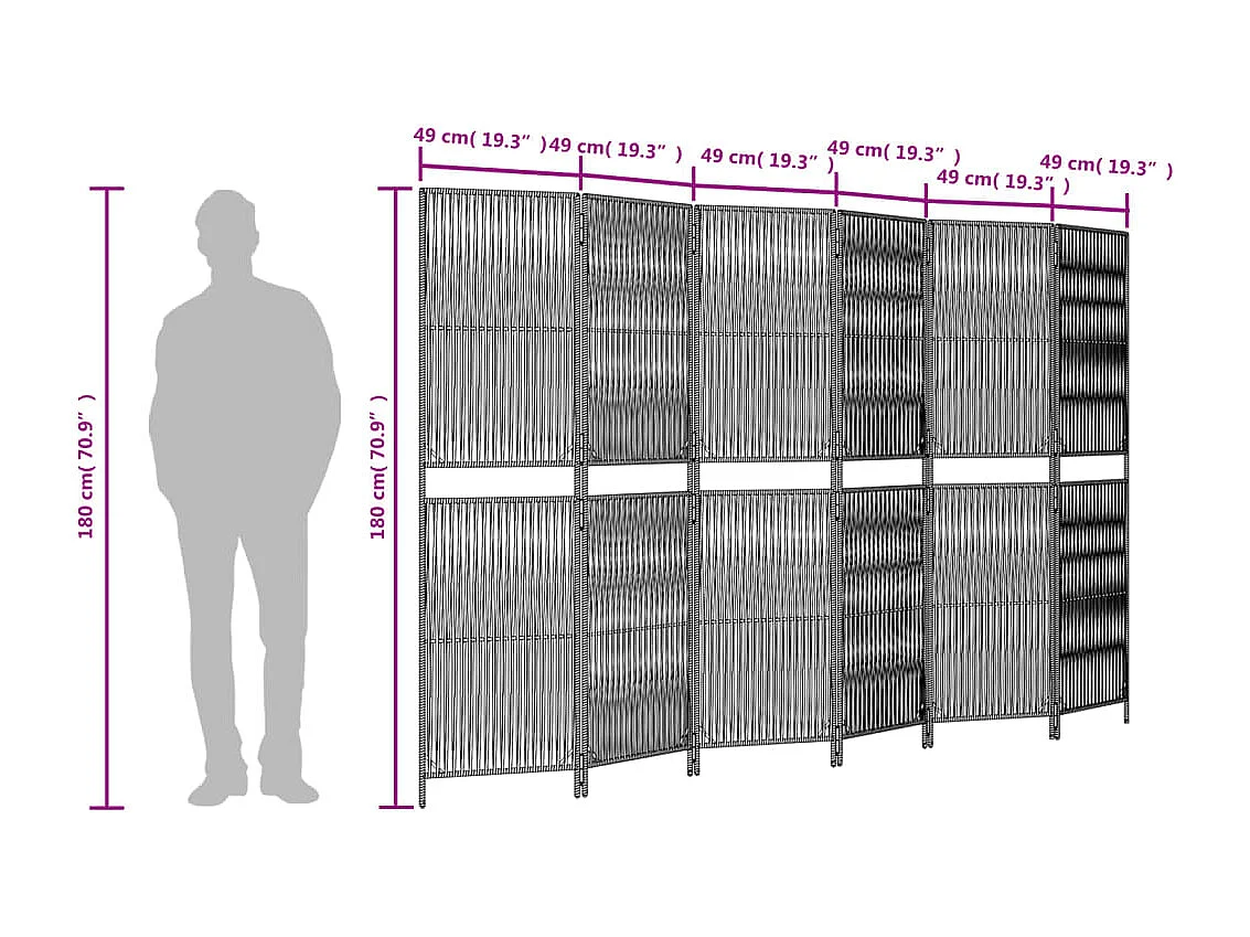 Cloison de séparation 6 panneaux noir résine tressée