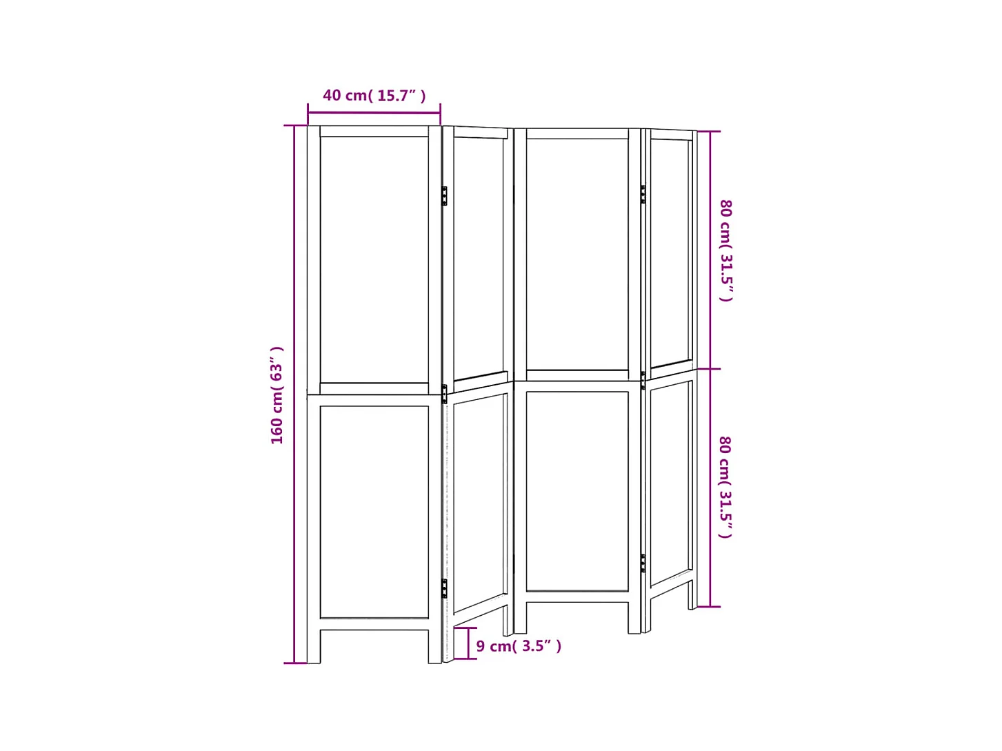Parete divisoria 4 pannelli in legno massello di paulownia bianco