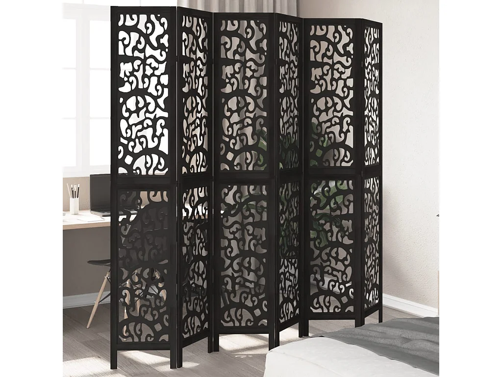Divisória preta com 6 painéis em madeira maciça de paulownia