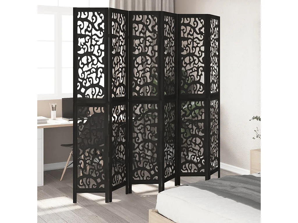 Cloison de séparation 6 panneaux noir bois de paulownia massif