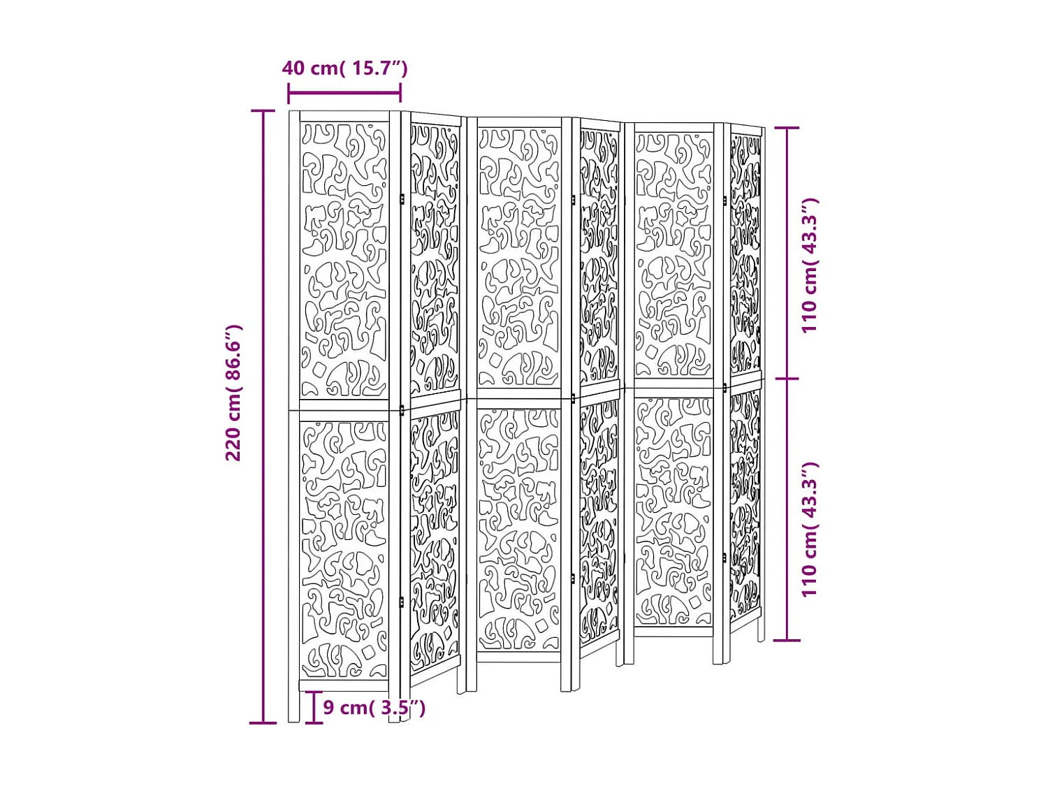 Cloison de séparation 6 panneaux noir bois de paulownia massif