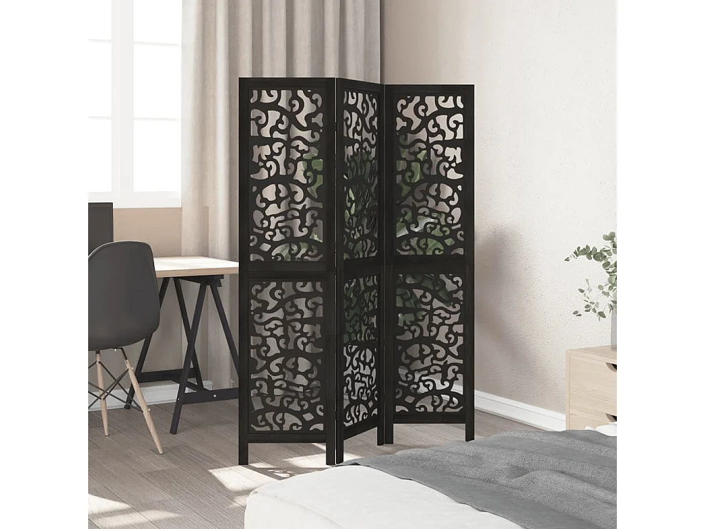 Divisória preta com 3 painéis em madeira maciça de paulownia