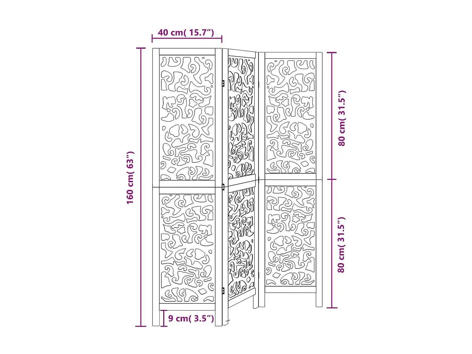 Divisória preta com 3 painéis em madeira maciça de paulownia