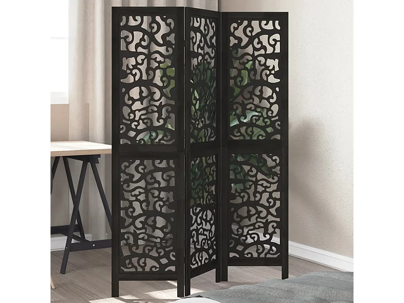 Divisória preta com 3 painéis em madeira maciça de paulownia