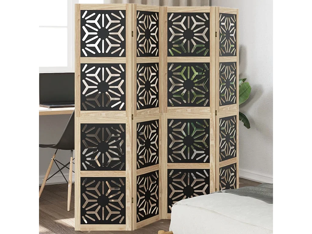 Trennwand 4 Paneele braun schwarz massiv Paulownia