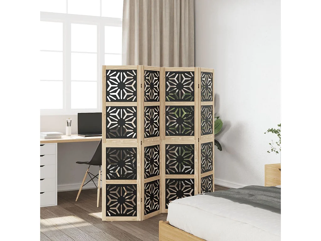 Trennwand 4 Paneele braun schwarz massiv Paulownia