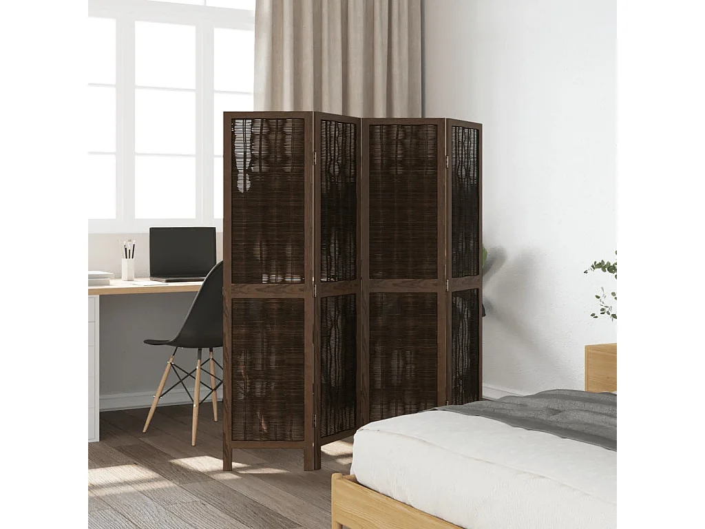 Cloison de séparation 4 panneaux marron foncé paulownia massif