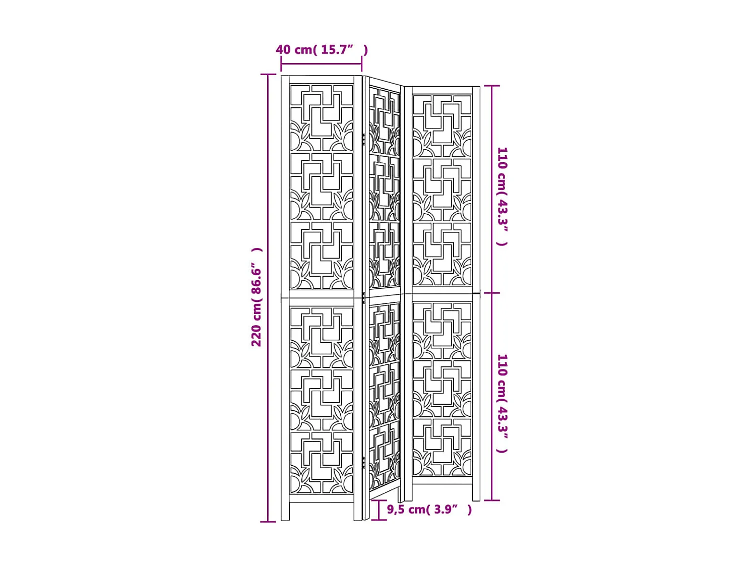 Cloison de séparation 3 panneaux marron bois paulownia massif