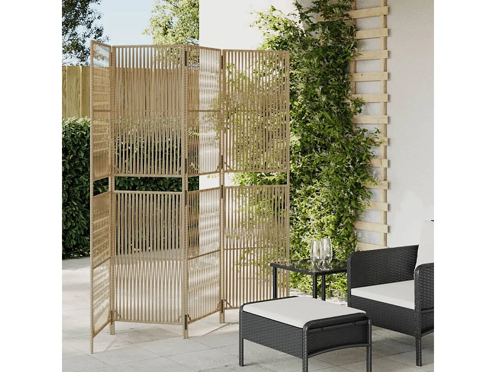 Parete divisoria in resina intrecciata beige a 4 pannelli