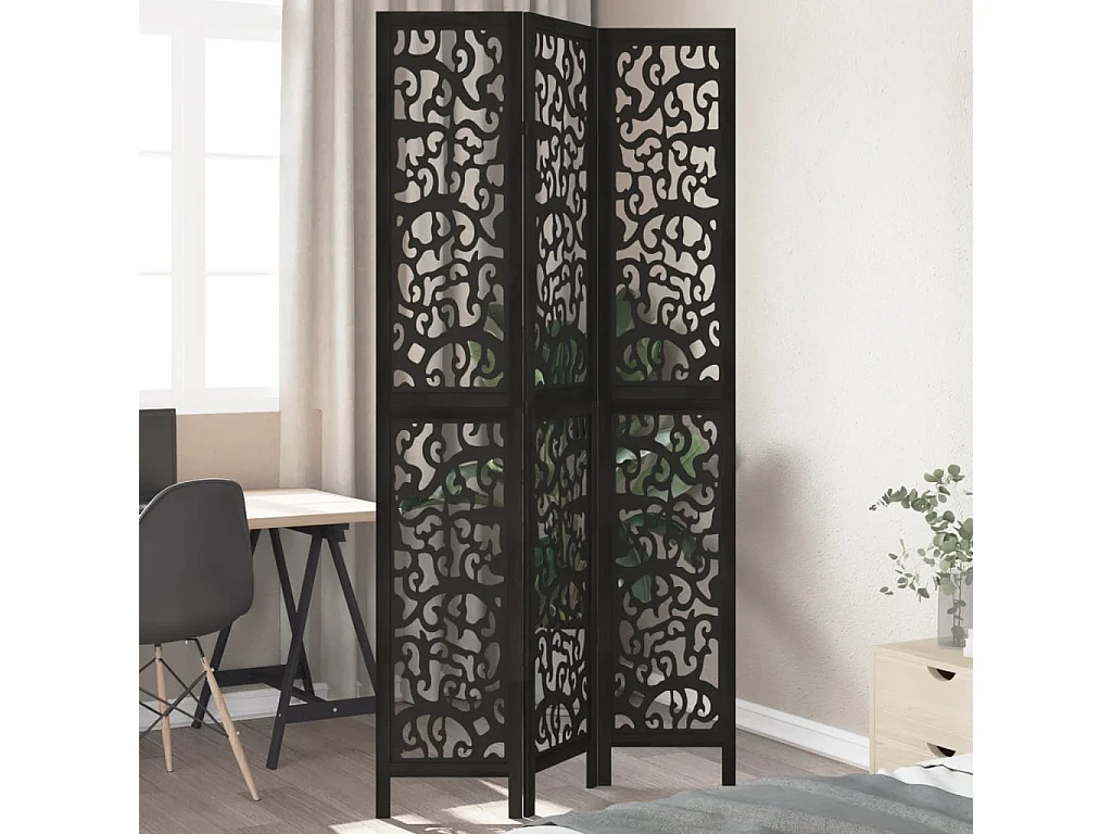 Cloison de séparation 3 panneaux noir bois de paulownia massif