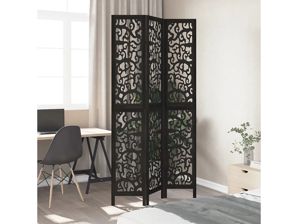 Cloison de séparation 3 panneaux noir bois de paulownia massif