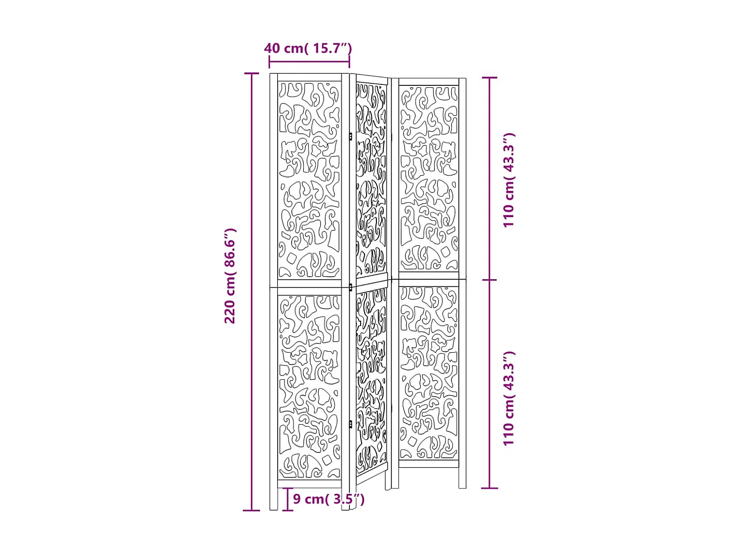 Cloison de séparation 3 panneaux noir bois de paulownia massif
