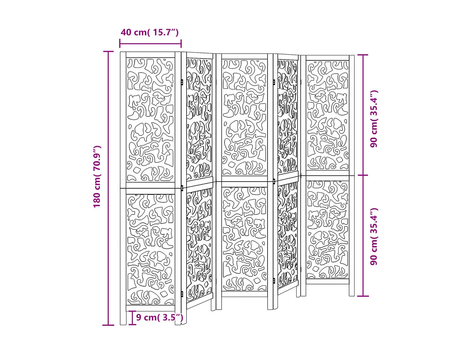 Cloison de séparation 5 panneaux noir bois de paulownia massif