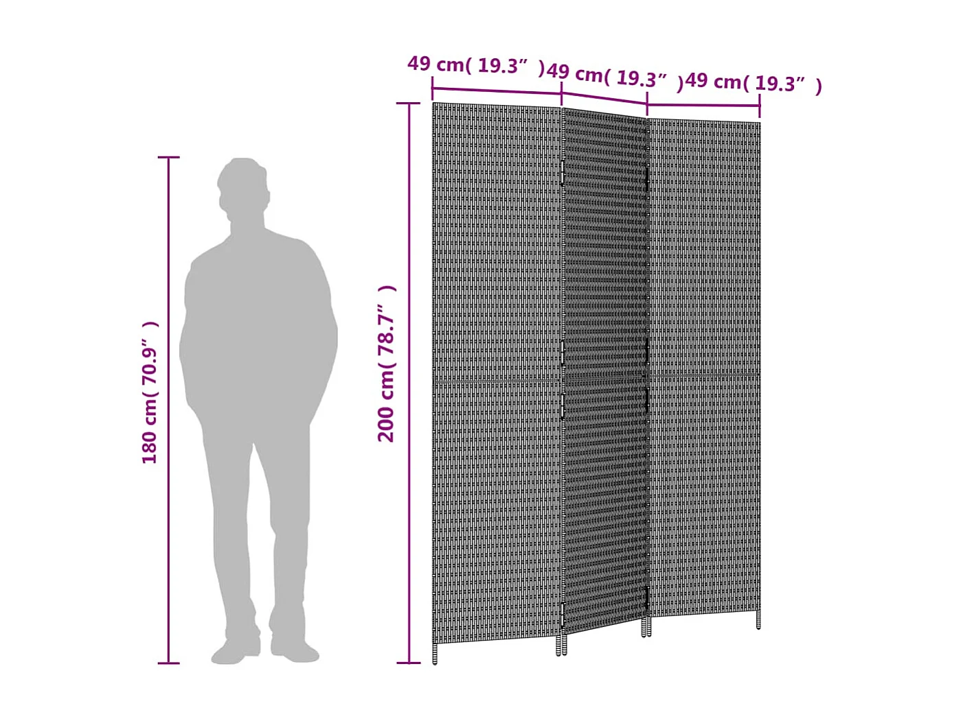 Parede divisória de resina tecida bege com 3 painéis