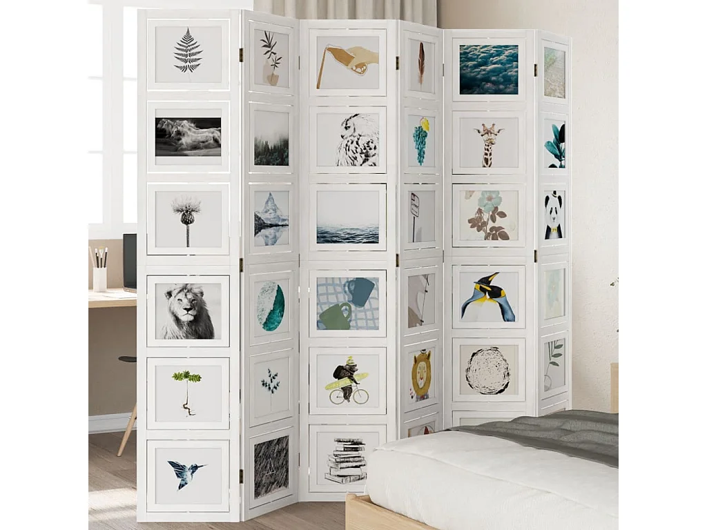 Cloison de séparation 6 panneaux blanc bois de paulownia massif