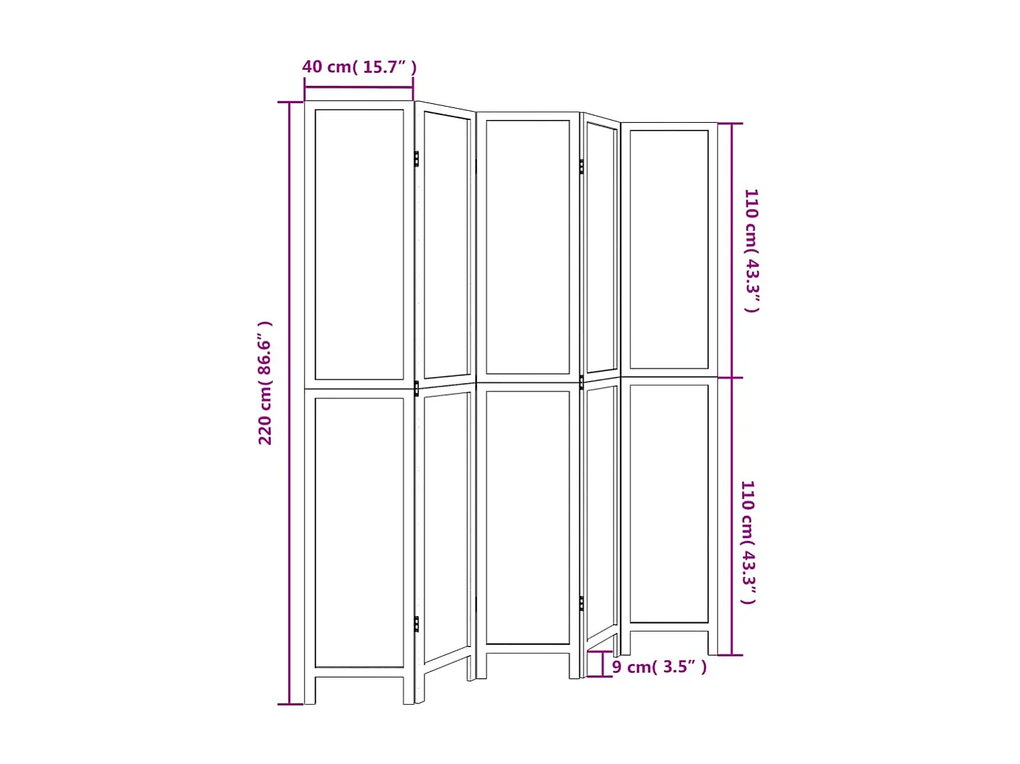 Parede divisória 5 painéis madeira paulownia maciça branca