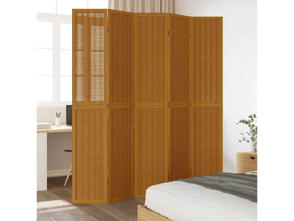 Parete divisoria composta da 5 pannelli marroni in legno massello di paulownia