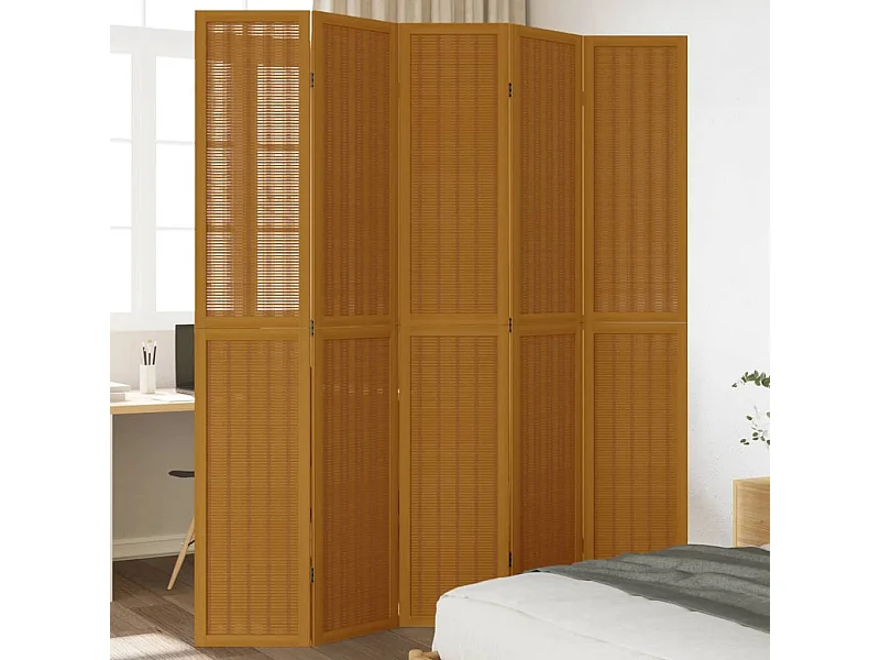 Parete divisoria composta da 5 pannelli marroni in legno massello di paulownia