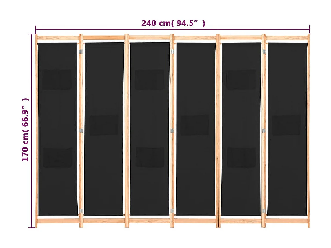Cloison de séparation 6 panneaux Noir 240 x 170 x 4 cm Tissu