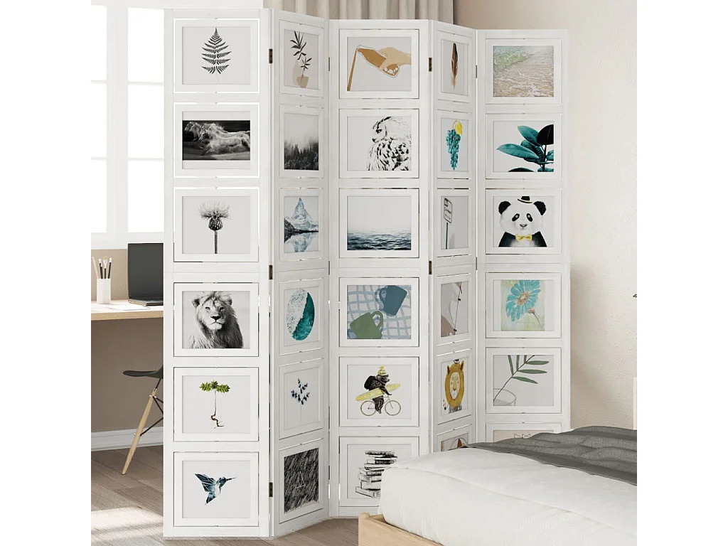 Cloison de séparation 5 panneaux blanc bois de paulownia massif