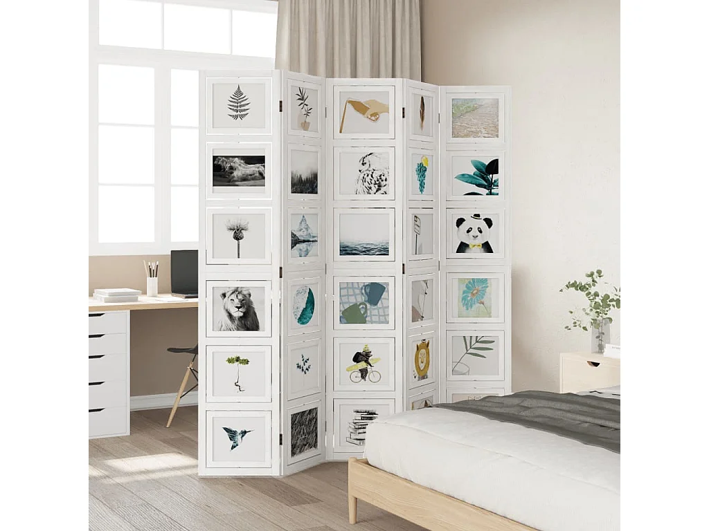 Cloison de séparation 5 panneaux blanc bois de paulownia massif