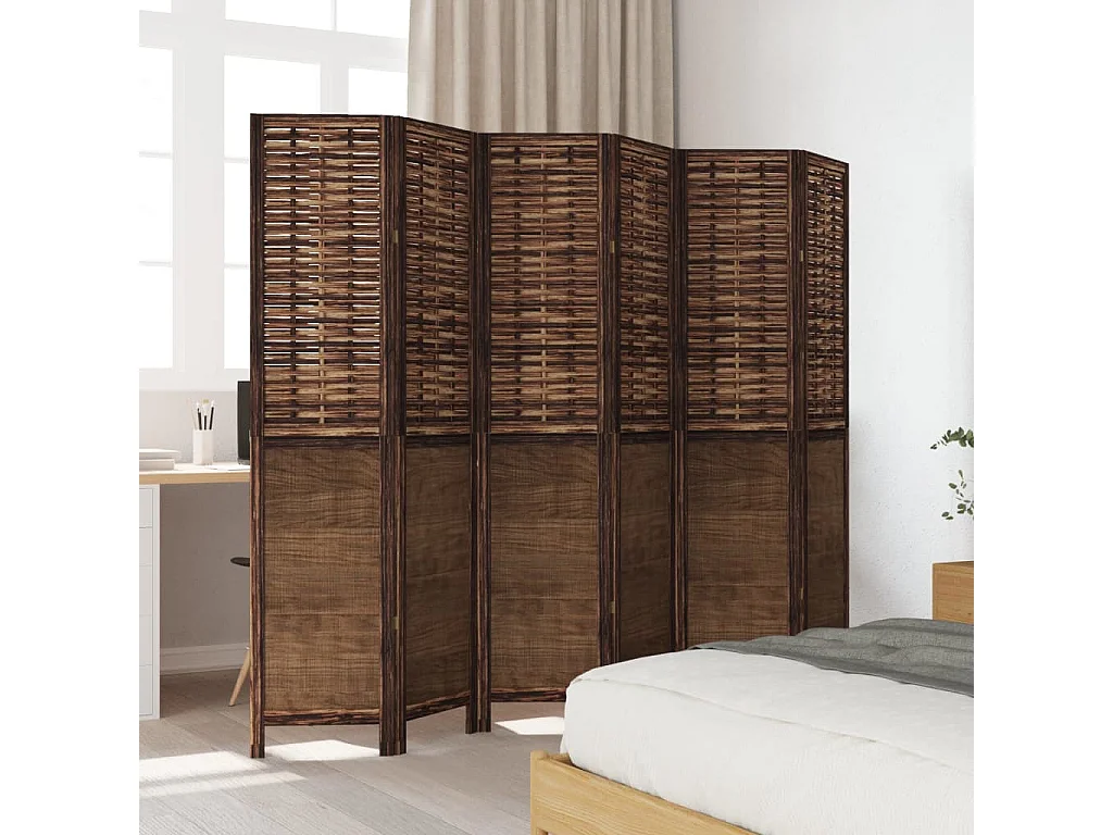 Cloison de séparation 6 panneaux marron foncé paulownia massif